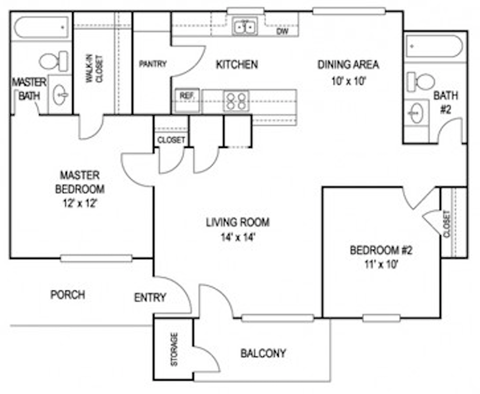 2 Bedroom Floor Plan at High Pointe Plaza Apartments in Lufkin TX